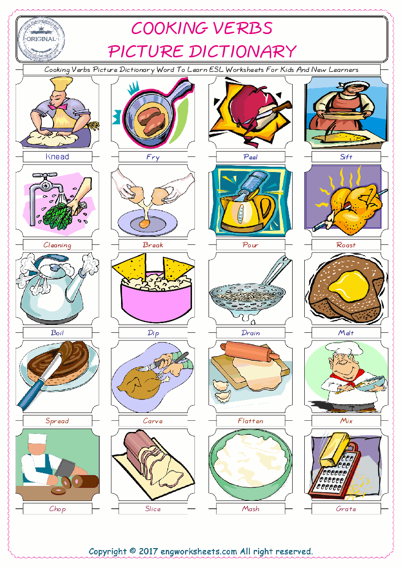  Cooking Verbs English Worksheet for Kids ESL Printable Picture Dictionary 